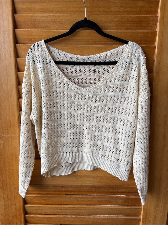 SHEIN Sweaters - SHEIN Cream Open-Knit V-Neck Sweater